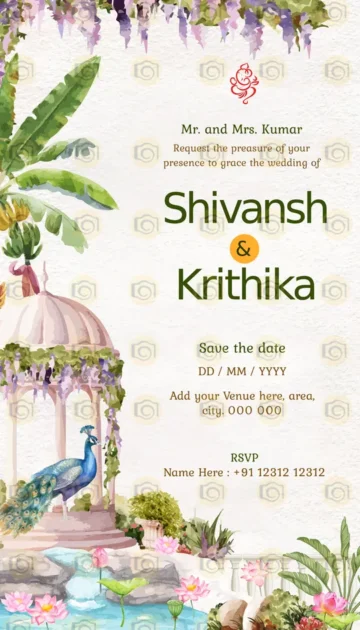 Whimsical Wedding Invitation Card Featuring Floral Designs In Soft Pastels In A Garden